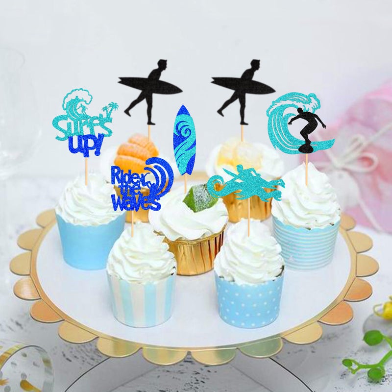Ercadio 24 Pack Surfing Cupcake Toppers Blue Glitter Surfboard Sport Cupcake Picks Surfs Up Ride the Waves Cake Toppers for Surf Theme Baby Shower Kids Birthday Party Cake Decor Supplies - Image 3