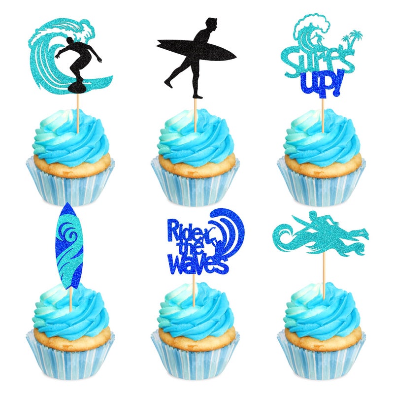 Ercadio 24 Pack Surfing Cupcake Toppers Blue Glitter Surfboard Sport Cupcake Picks Surfs Up Ride the Waves Cake Toppers for Surf Theme Baby Shower Kids Birthday Party Cake Decor Supplies - Image 1