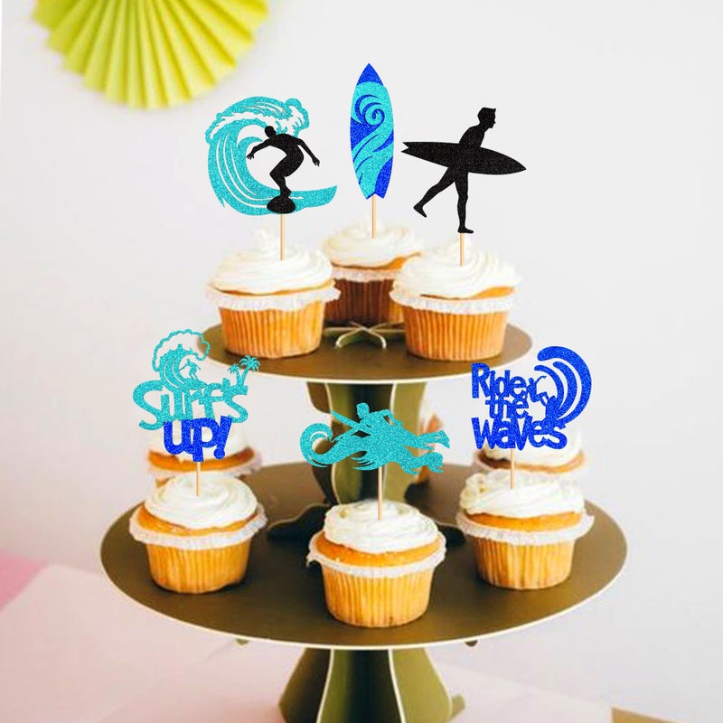 Ercadio 24 Pack Surfing Cupcake Toppers Blue Glitter Surfboard Sport Cupcake Picks Surfs Up Ride the Waves Cake Toppers for Surf Theme Baby Shower Kids Birthday Party Cake Decor Supplies - Image 5