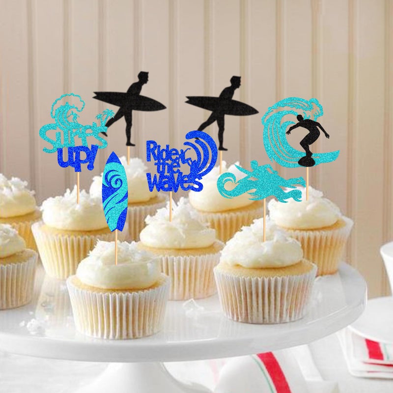 Ercadio 24 Pack Surfing Cupcake Toppers Blue Glitter Surfboard Sport Cupcake Picks Surfs Up Ride the Waves Cake Toppers for Surf Theme Baby Shower Kids Birthday Party Cake Decor Supplies - Image 4