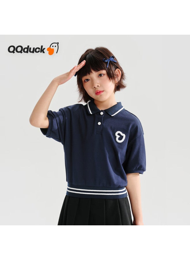 Qq Duck Girls' Short Sleeve T-Shirt Children'S Summer Polo Shirt Student Sports Clothing Love Deep Blue; Size 140 - Image 1
