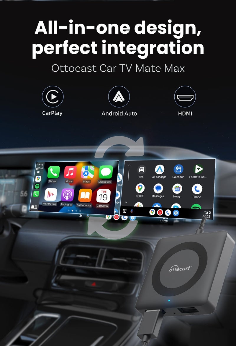OTTOCAST 4 in 1 Car TV Mate Max & Wireless Carplay/Android Auto & Screen Mirroring Adapter for Apple iPhone Android Phone, HDMI Car TV Adapter, Watching Videos Movies on CarScreen - Image 2