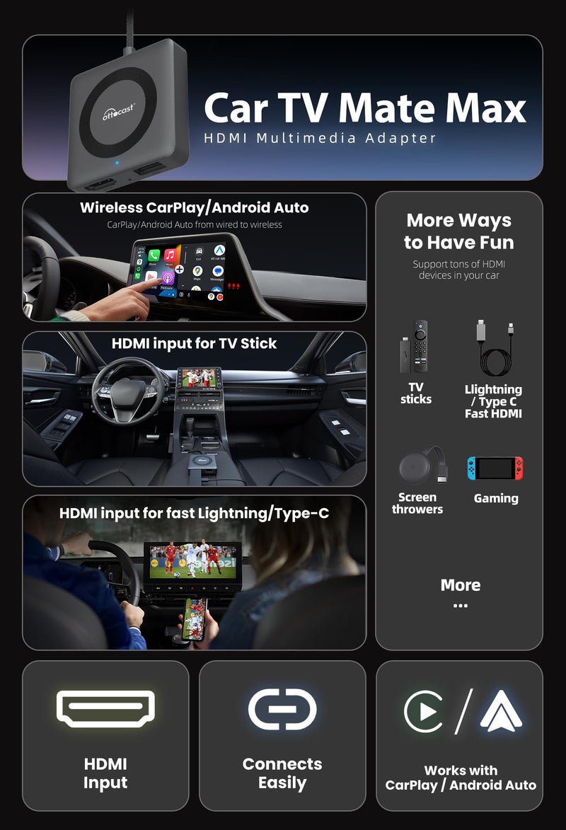 OTTOCAST 4 in 1 Car TV Mate Max & Wireless Carplay/Android Auto & Screen Mirroring Adapter for Apple iPhone Android Phone, HDMI Car TV Adapter, Watching Videos Movies on CarScreen - Image 3