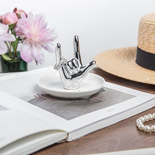 Lynagert I LOVE YOU Hand Ring Holder - Ceramic Jewelry Holder Dish Trinket Tray for Rings, Earrings, Necklace Organizer - Engagement, Wedding, Christmas, Birthday Gifts (Silver) - Image 3