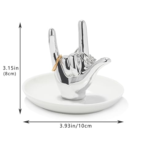 Lynagert I LOVE YOU Hand Ring Holder - Ceramic Jewelry Holder Dish Trinket Tray for Rings, Earrings, Necklace Organizer - Engagement, Wedding, Christmas, Birthday Gifts (Silver) - Image 5