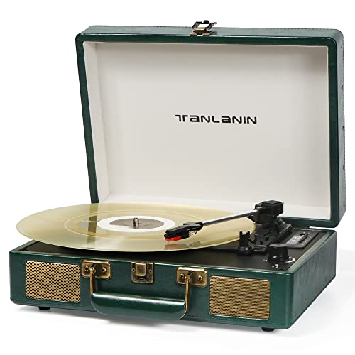 TANLANIN Vintage 3-Speed Bluetooth Portable USB Suitcase Record Player with Built-in Speakers | Upgraded Vinyl Turntable Audio Sound| Includes Extra Stylus & Mat | Green - Image 1