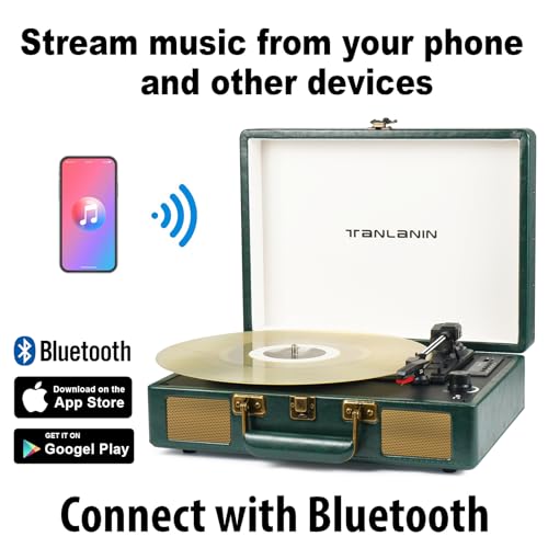 TANLANIN Vintage 3-Speed Bluetooth Portable USB Suitcase Record Player with Built-in Speakers | Upgraded Vinyl Turntable Audio Sound| Includes Extra Stylus & Mat | Green - Image 4