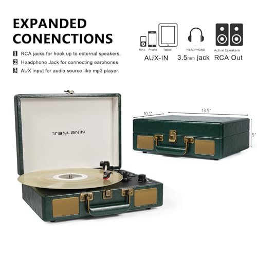 TANLANIN Vintage 3-Speed Bluetooth Portable USB Suitcase Record Player with Built-in Speakers | Upgraded Vinyl Turntable Audio Sound| Includes Extra Stylus & Mat | Green - Image 5