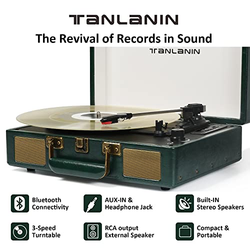 TANLANIN Vintage 3-Speed Bluetooth Portable USB Suitcase Record Player with Built-in Speakers | Upgraded Vinyl Turntable Audio Sound| Includes Extra Stylus & Mat | Green - Image 2