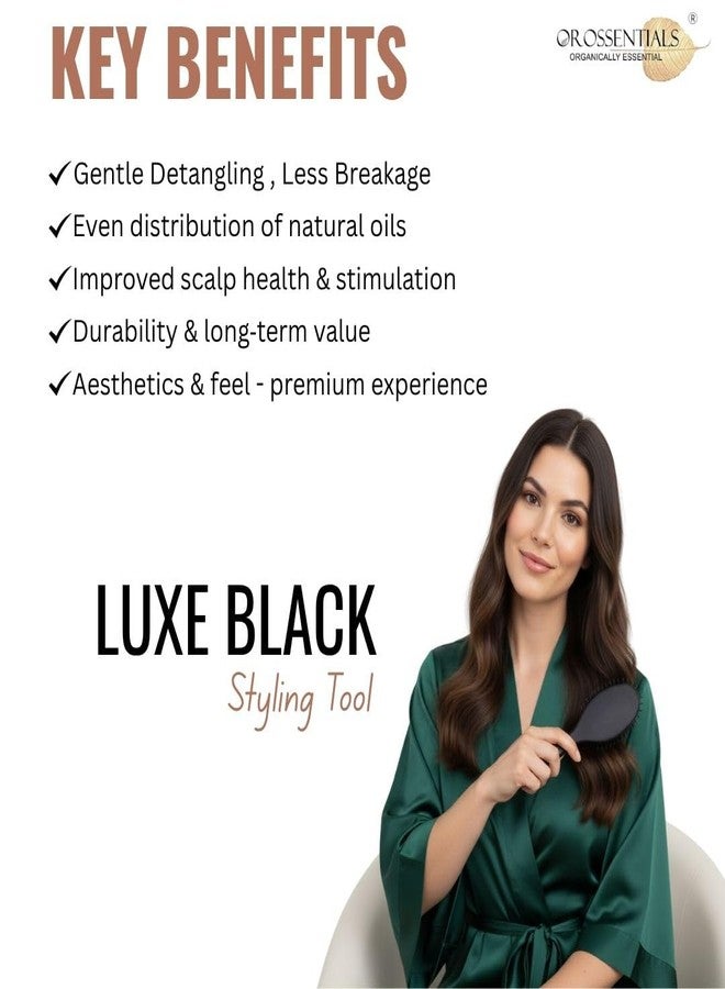 OROSSENTIALS Luxe Black Wooden Hair Brush | Paddle Brush for Women, Men, Kids | For Curly, Straight, Frizzy & Thick Hair | Compact & Eco-Friendly Hair Brush for Daily Use & Traveluxe Black Edition | Professional Wooden Brush | Smooth & Shine Hair Brush || LUXE Wooden Hair Brush with Bamboo Wooden Bristles - Premium Detangling & Scalp Massage Brush for Men & Women | Anti-Static, Smooth & Frizz-Free Hair | Luxury Finish - Image 4