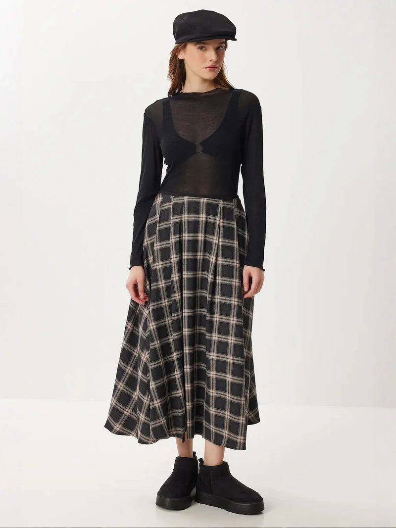 Happiness İstanbul ISTANBUL Pleated Plaid Midi A-Line Skirt