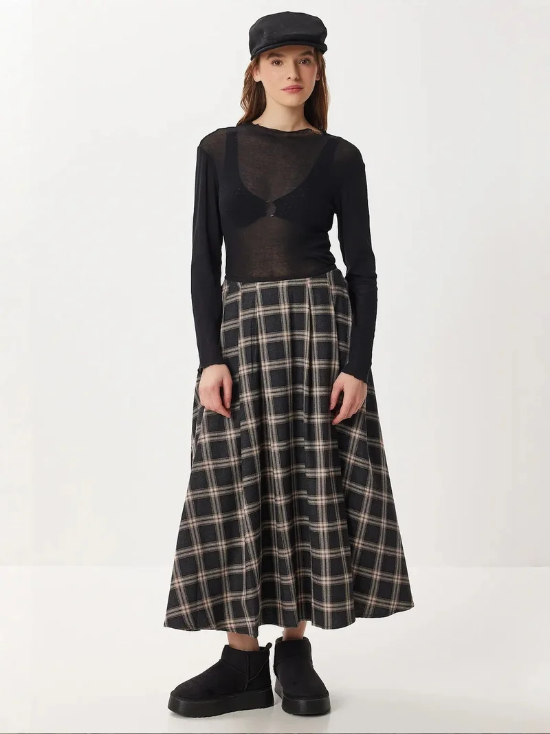 Happiness İstanbul ISTANBUL Pleated Plaid Midi A-Line Skirt