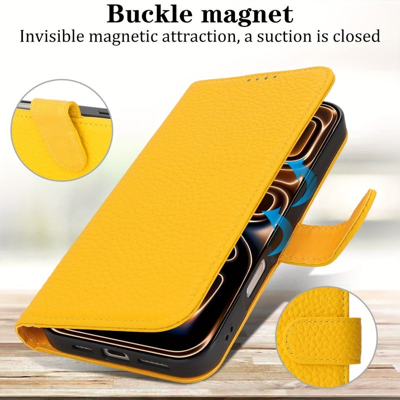 iPhone 17 Pro Max Yellow Genuine Leather Wallet Case RFID Blocking With Card Slots Magnetic Closure - Image 4