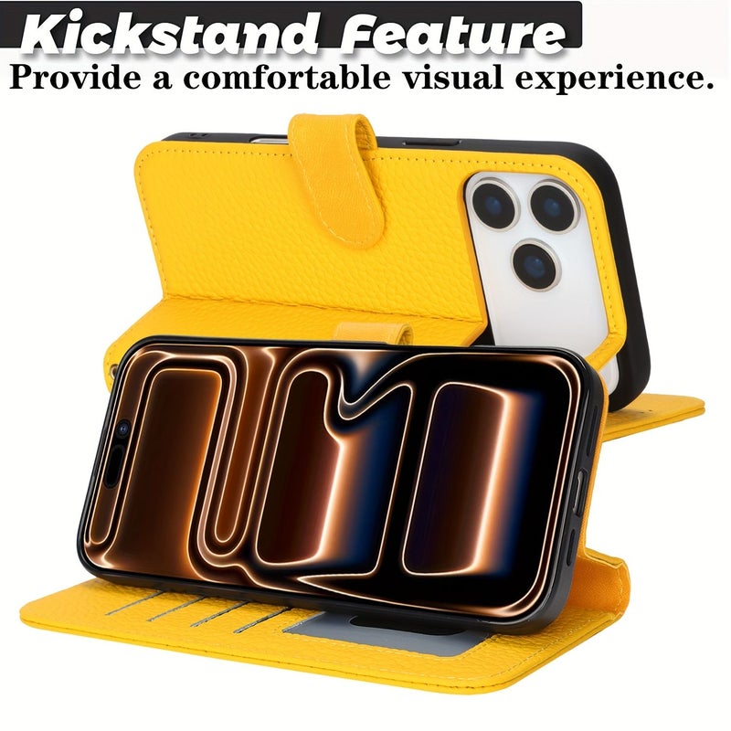 iPhone 17 Pro Max Yellow Genuine Leather Wallet Case RFID Blocking With Card Slots Magnetic Closure - Image 5