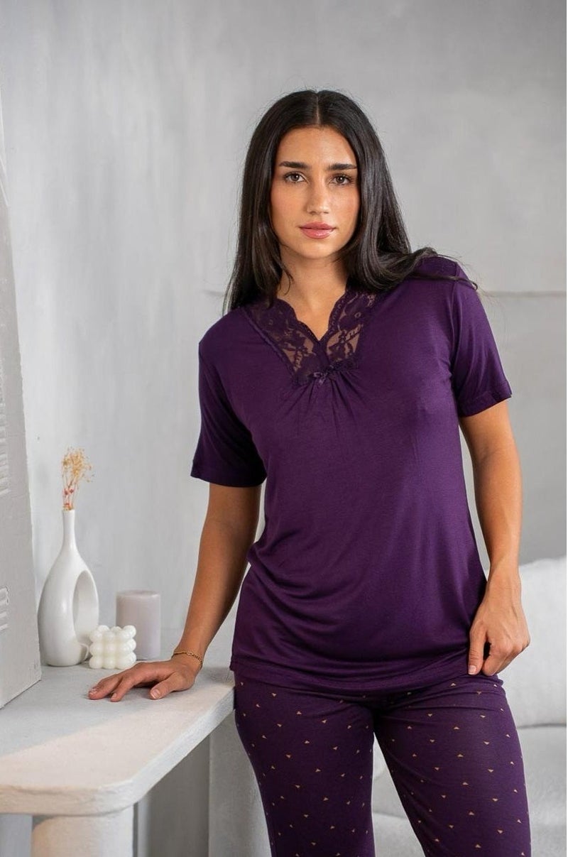 بيجامة صيفي مريحة – بنفسجي غامق - Image 2