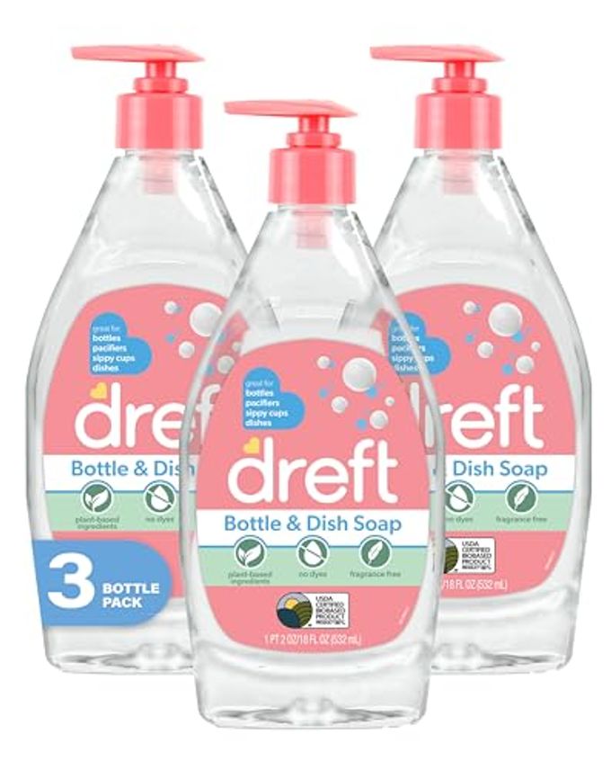 Dreft Bottle And Dish Soap | Made To Clean Baby Bottles, Sippy Cups, Pacifiers, Breast Pumps, & More | Gently Removes Milk Film & Odors | Plant Based, Fragrance Free Dish Soap | 18 Fl Oz (Pack Of 3) - Image 4