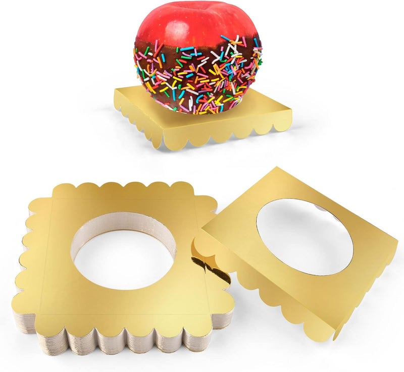 MGWOTH 50 PCS Candy Apple Box Base,Golden Cardboard Taffy Apple Inserts, Square Caramel Apple Wraps Tray, Clearly DIY candy apple Holder, Cake Pop Chocolate Circle Tray for Wedding Party Festival - Image 1