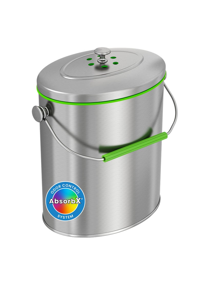 iTouchless iTouchless Titanium 6 Liter  16 Gallon Stainless Steel Compost Bin with AbsorbX Odor Filter System RustFree Oval Shape Space Saving Kitchen Countertop Trash Can 