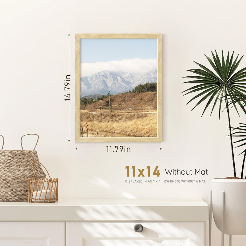 Fisnish 11x14 Picture Frame, Natural Solid Wooden Picture Frames, Display 11x14 Photos without Mat, Horizontal or Vertical Wall Mounting, Oak Wood Grain, 1 Pack - Image 3