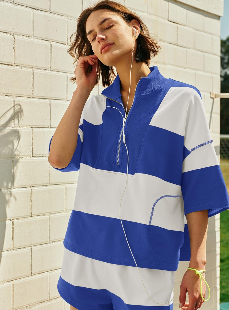 Yanekop Womens 2 Piece Outfits Summer Striped Lounge Set Two Piece Matching Workout Sets Oversized Short Sets Tracksuits(Royal Blue,M) - Image 5