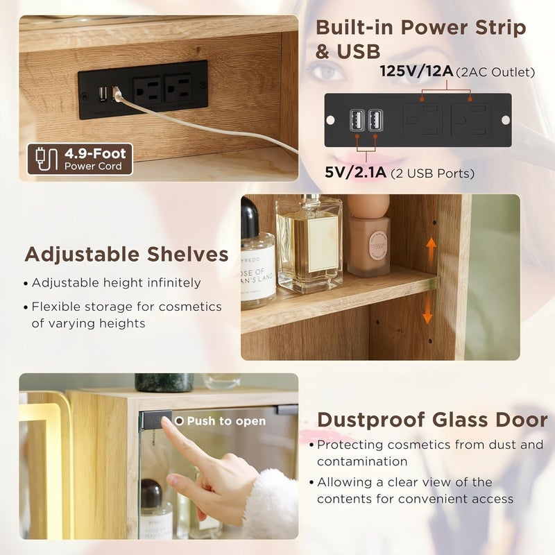 Sharpdo Fluted Vanity Table with Charging Station, 48" Big Modern Bedroom Dresser with 36" HD Lighted Mirror, Dressing Table with 5 Drawers & Shelves, Glass Top for Bedroom (Natural Oak) - Image 2