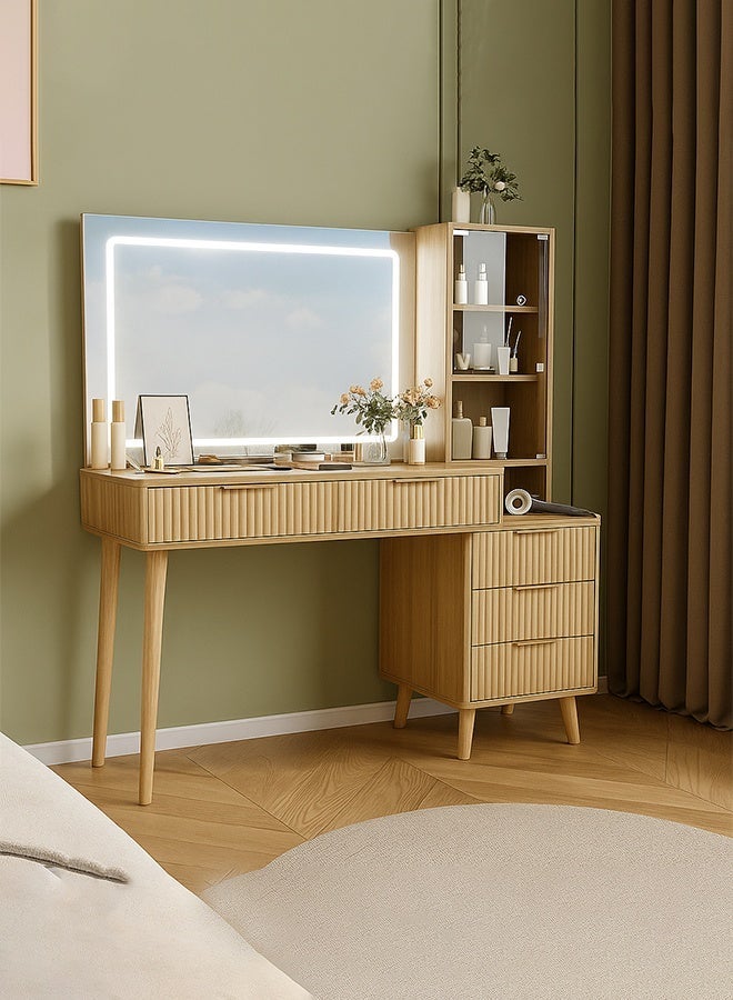 Sharpdo Fluted Vanity Table with Charging Station, 48" Big Modern Bedroom Dresser with 36" HD Lighted Mirror, Dressing Table with 5 Drawers & Shelves, Glass Top for Bedroom (Natural Oak) - Image 5