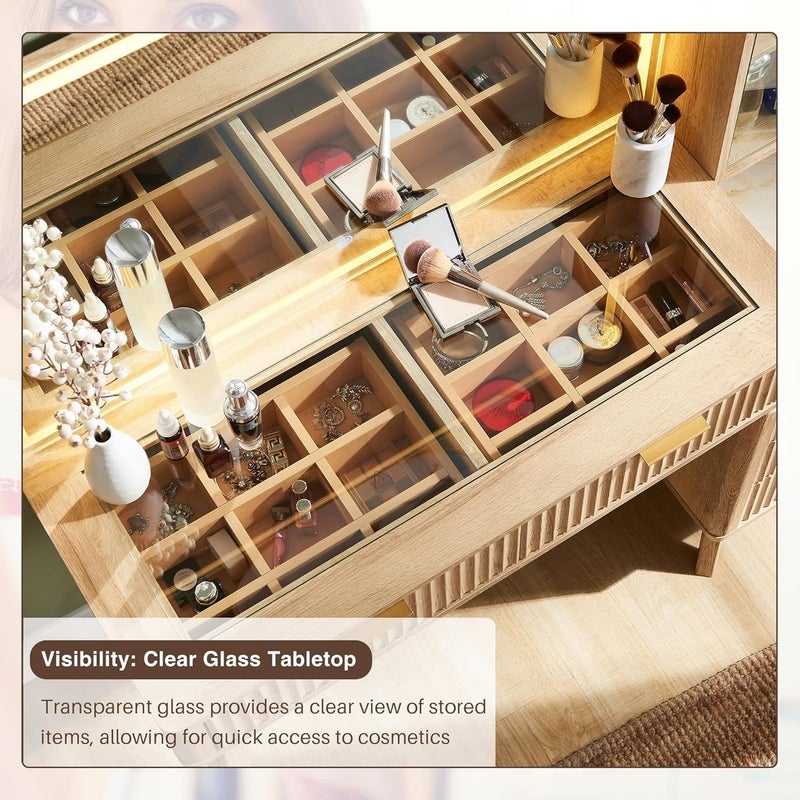 Sharpdo Fluted Vanity Table with Charging Station, 48" Big Modern Bedroom Dresser with 36" HD Lighted Mirror, Dressing Table with 5 Drawers & Shelves, Glass Top for Bedroom (Natural Oak) - Image 4