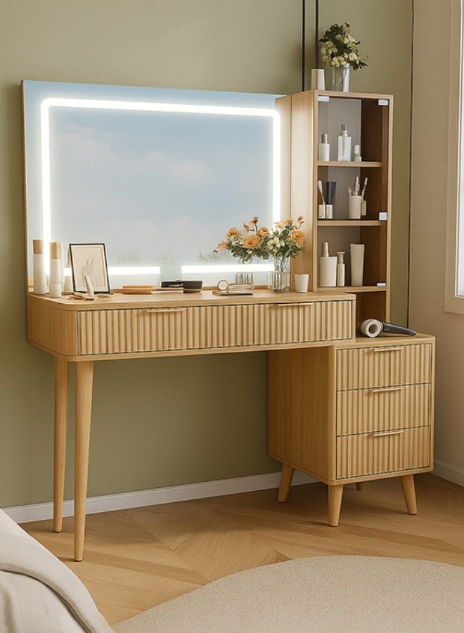 Sharpdo Fluted Vanity Table with Charging Station, 48" Big Modern Bedroom Dresser with 36" HD Lighted Mirror, Dressing Table with 5 Drawers & Shelves, Glass Top for Bedroom (Natural Oak) - Image 1