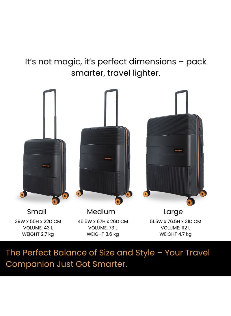 Discovery Trails Check-In Medium PP Hardside Luggage Black, Durable Expandable Unbreakable Double Zip Lightweight Travel Bag 4 Double Wheel TSA Lock 26 Inch Suitcase Trolley Bag. - pzsku/Z1F689700841B49F5C308Z/45/1741331242/a641c631-d8dc-4546-ace8-56f2659b02c2