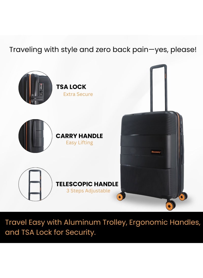 Discovery Trails Check-In Medium PP Hardside Luggage Black, Durable Expandable Unbreakable Double Zip Lightweight Travel Bag 4 Double Wheel TSA Lock 26 Inch Suitcase Trolley Bag. - pzsku/Z1F689700841B49F5C308Z/45/1741331253/f7958553-c0fa-4e40-97cf-b20dc9fc7aa8