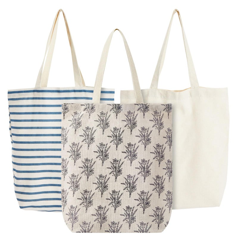 Juvale Juvale Set of 3 Small Reusable Canvas Tote Bags  Cute Cloth Bags for Grocery Shopping Farmers Market 3 Designs 15x165 in 