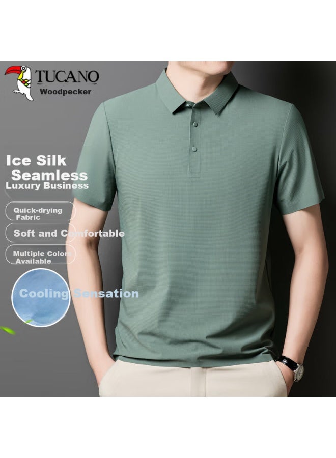 Tucano Men's Short Sleeve Ice Silk Polo Shirt Summer Breathable Quick Dry Fashion Top Men's Clothing Grey Green 3XL - Image 1