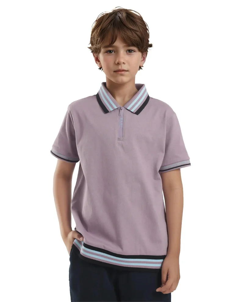 Rare Ones Rare Ones Kids Zyto Purple Cotton Half Sleeves Contrasting Regular Collar Zipper Closure Solid Polo