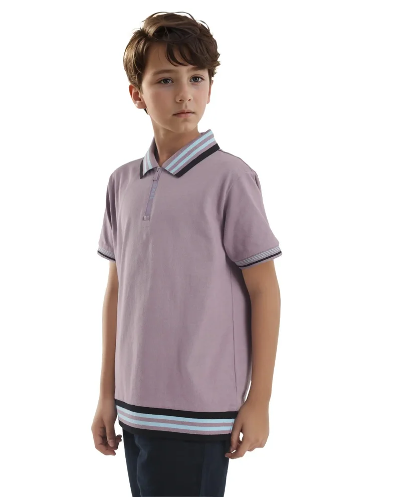 Rare Ones Rare Ones Kids Zyto Purple Cotton Half Sleeves Contrasting Regular Collar Zipper Closure Solid Polo