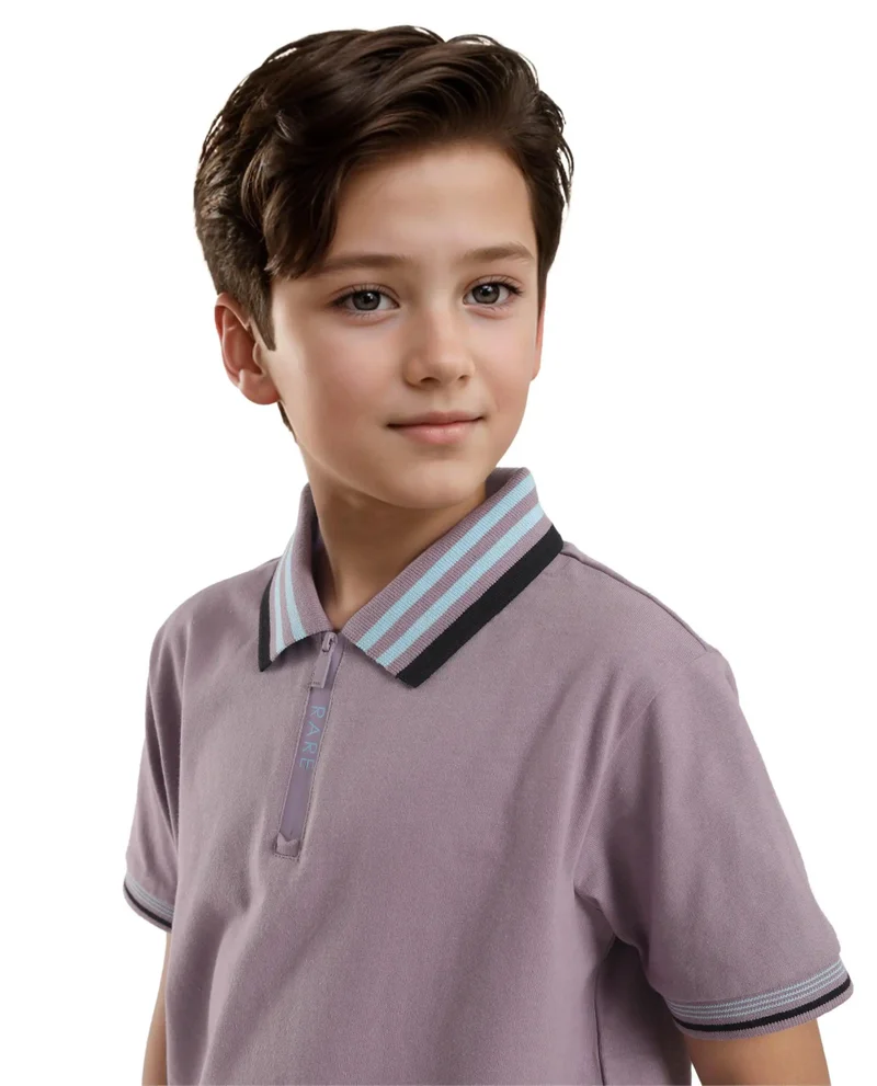 Rare Ones Rare Ones Kids Zyto Purple Cotton Half Sleeves Contrasting Regular Collar Zipper Closure Solid Polo