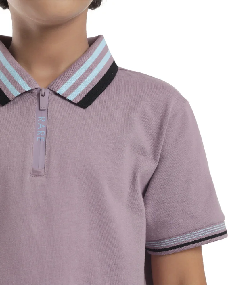 Rare Ones Rare Ones Kids Zyto Purple Cotton Half Sleeves Contrasting Regular Collar Zipper Closure Solid Polo