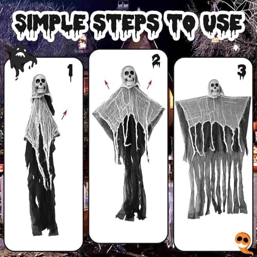 Pop The Party Halloween Hanging Skeleton Ghost – Scary Skull Decoration with Flowing Fabric for Haunted House, Yard, Outdoor & Indoor Halloween Party Props - Image 2