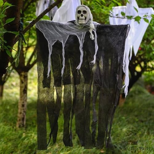 Pop The Party Halloween Hanging Skeleton Ghost – Scary Skull Decoration with Flowing Fabric for Haunted House, Yard, Outdoor & Indoor Halloween Party Props - Image 1