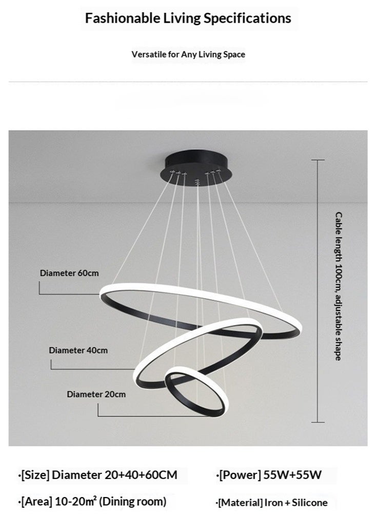 A fashionable LED pendant light with three light rings, featuring three different light colors, adjustable height, suitable for living room, dining room, living area, bedroom and corridor. - Image 4