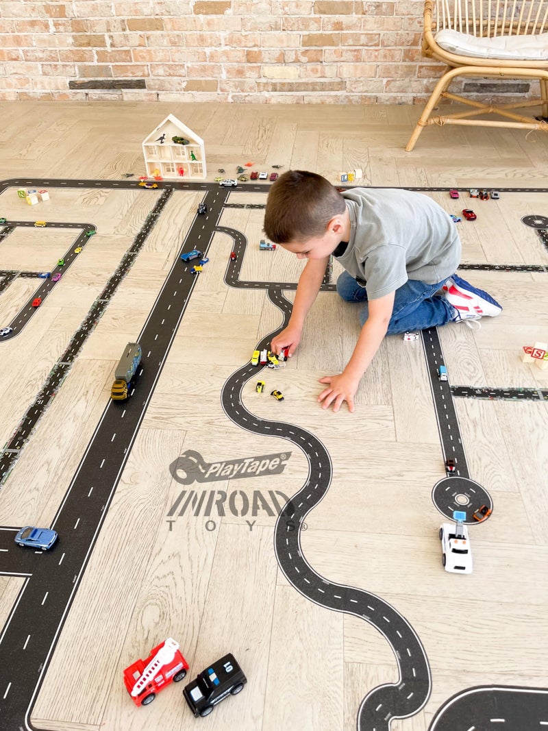 PlayTape Road Tape for Toy Cars - Sticks to Flat Surfaces, No Residue; 2 inch Wide x 30 ft Asphalt Road - Image 4