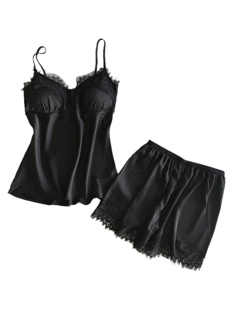 MARGOUN Women Satin Cami Top and Short Set 2-Piece Lingerie Pajama Set Nightwear Silky Sleepwear Lounge Pjs Set Small Black - Image 1