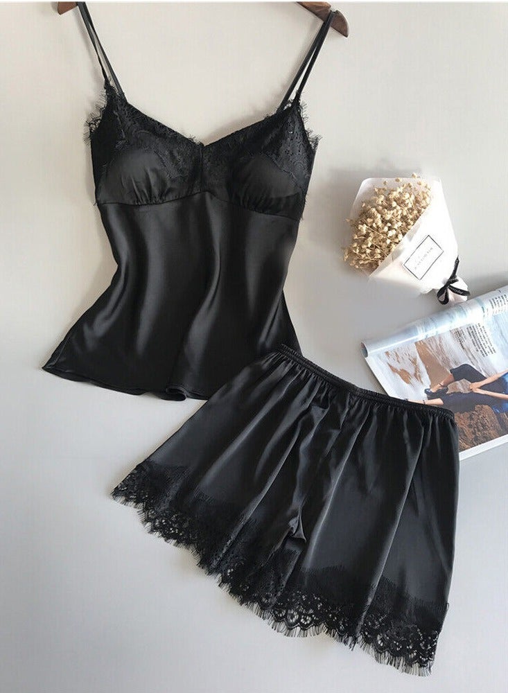 MARGOUN Women Satin Cami Top and Short Set 2-Piece Lingerie Pajama Set Nightwear Silky Sleepwear Lounge Pjs Set Small Black - Image 3