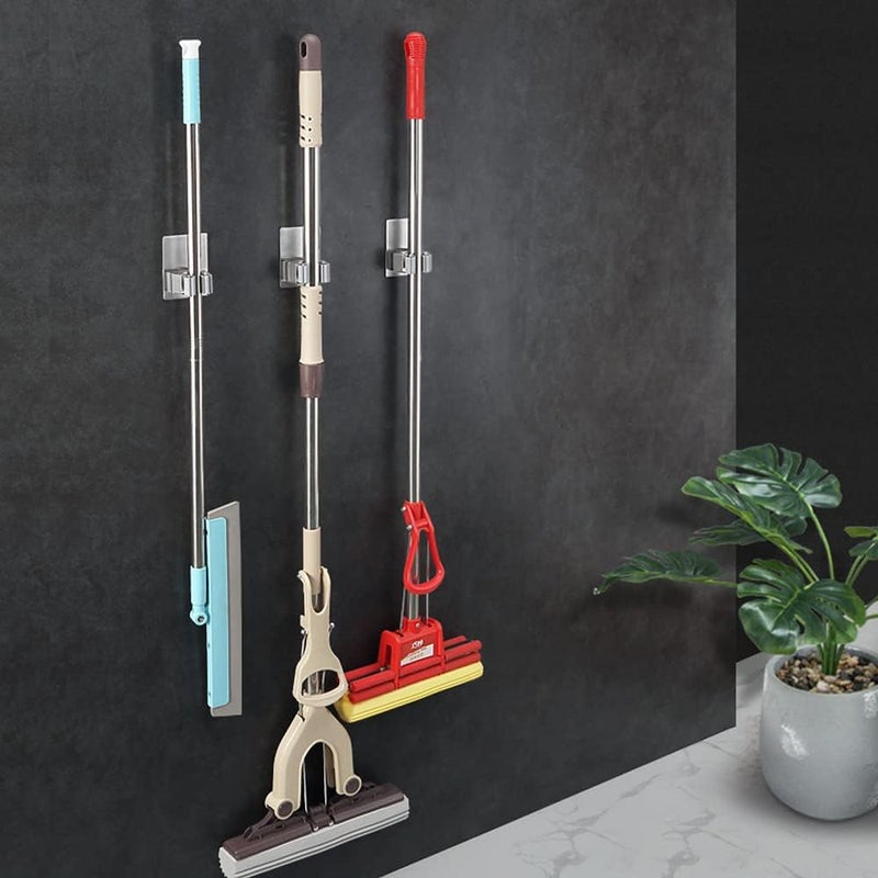 SHOWAY 4 PCS Mop Holder Broom Clips Wall Mount Reusable No Drilling Gripper Super Anti-Slip Self Adhesive Heavy Duty Stainless Steel for Home Office Kitchen Closet Garden Bathroom Wardrobe (Grey) - Image 2