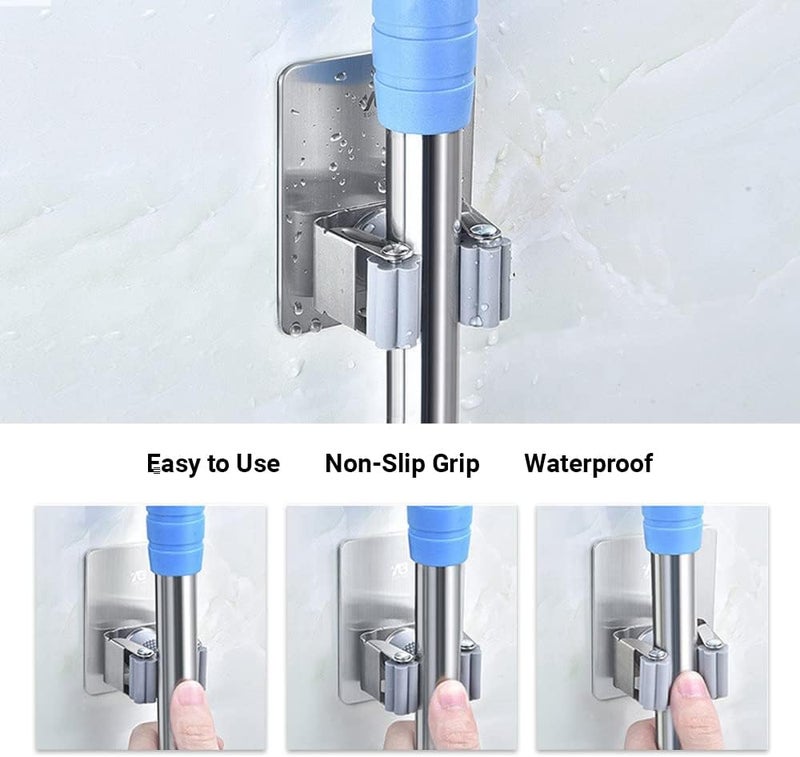 SHOWAY 4 PCS Mop Holder Broom Clips Wall Mount Reusable No Drilling Gripper Super Anti-Slip Self Adhesive Heavy Duty Stainless Steel for Home Office Kitchen Closet Garden Bathroom Wardrobe (Grey) - Image 5