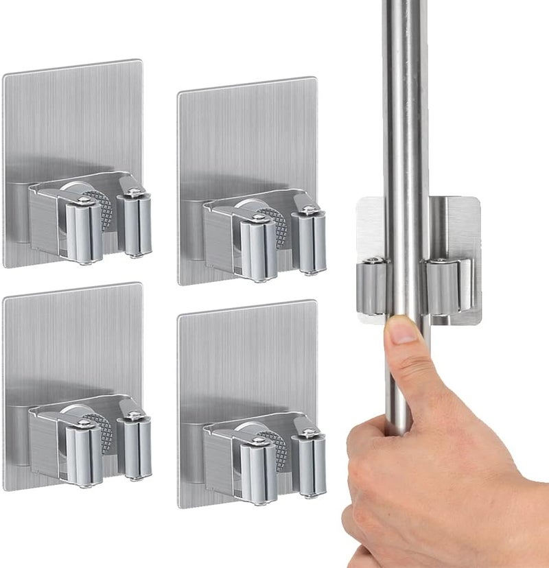 SHOWAY 4 PCS Mop Holder Broom Clips Wall Mount Reusable No Drilling Gripper Super Anti-Slip Self Adhesive Heavy Duty Stainless Steel for Home Office Kitchen Closet Garden Bathroom Wardrobe (Grey) - Image 1