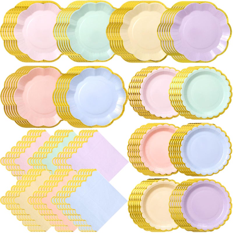 Skybooly 72 Pcs 24 Guests Pastel Plates And Napkins Party Supplies Pastel Scalloped Paper Plates Napkins Rainbow Disposable Tableware For Birthday Baby Shower Wedding Decorations - Image 1