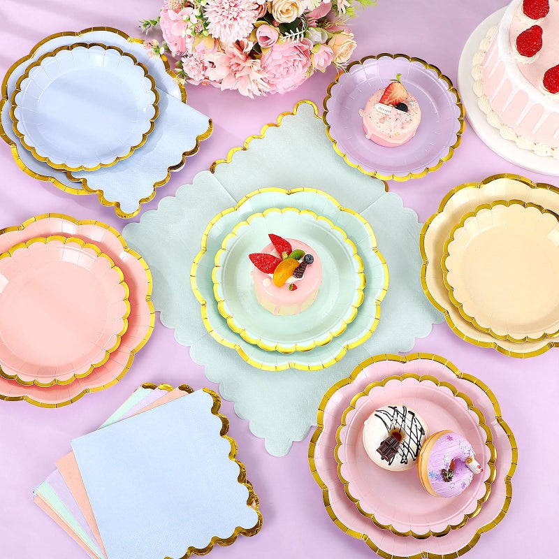 Skybooly 72 Pcs 24 Guests Pastel Plates And Napkins Party Supplies Pastel Scalloped Paper Plates Napkins Rainbow Disposable Tableware For Birthday Baby Shower Wedding Decorations - Image 3