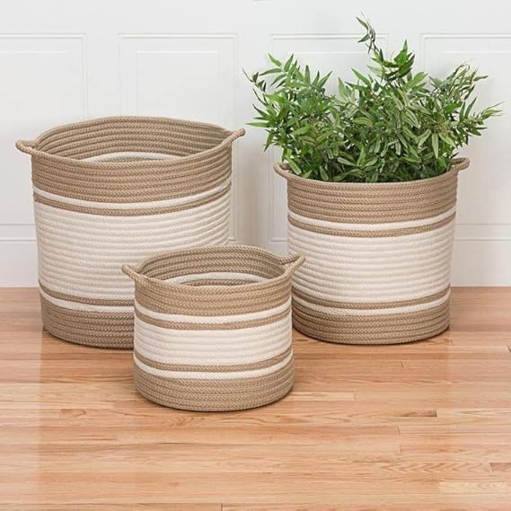 SANWALSA [Set of 3-6",8",10" inch, Round, Beige & White] Handwoven Jute Plant Basket with Handle | Eco-Friendly Multipurpose Storage Basket | Ideal for Organization & Planter Cover - Image 1