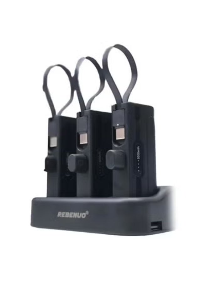 REBENUO محطة شحن محمولة 3 في 1 – تشمل ثلاثة بنوك طاقة صغيرة سعة 5000 مللي أمبير (إجمالي 15000 مللي أمبير) – كابلات مدمجة من نوع C و Lightning – محطة شحن قابلة لإعادة الشحن – شحن سريع، مدمجة وخفيفة الوزن – مثالية للسفر، الأعمال، المكتب، والاستخدام الخارجي – حل شحن متعدد الأجهزة مريح للهواتف الذكية والأجهزة. - Image 2