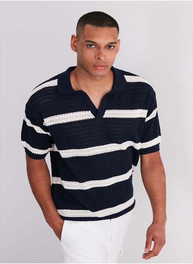 Limited Edition Navy Blue Regular Fit Cotton Striped Wacky Placket Knitwear Polo Neck T-ShirtTMNSS24PO00004 - pzsku/Z1F696782D01CB026F4C5Z/45/_/1739717978/010299ee-c194-4816-9b00-9f74bf57454e